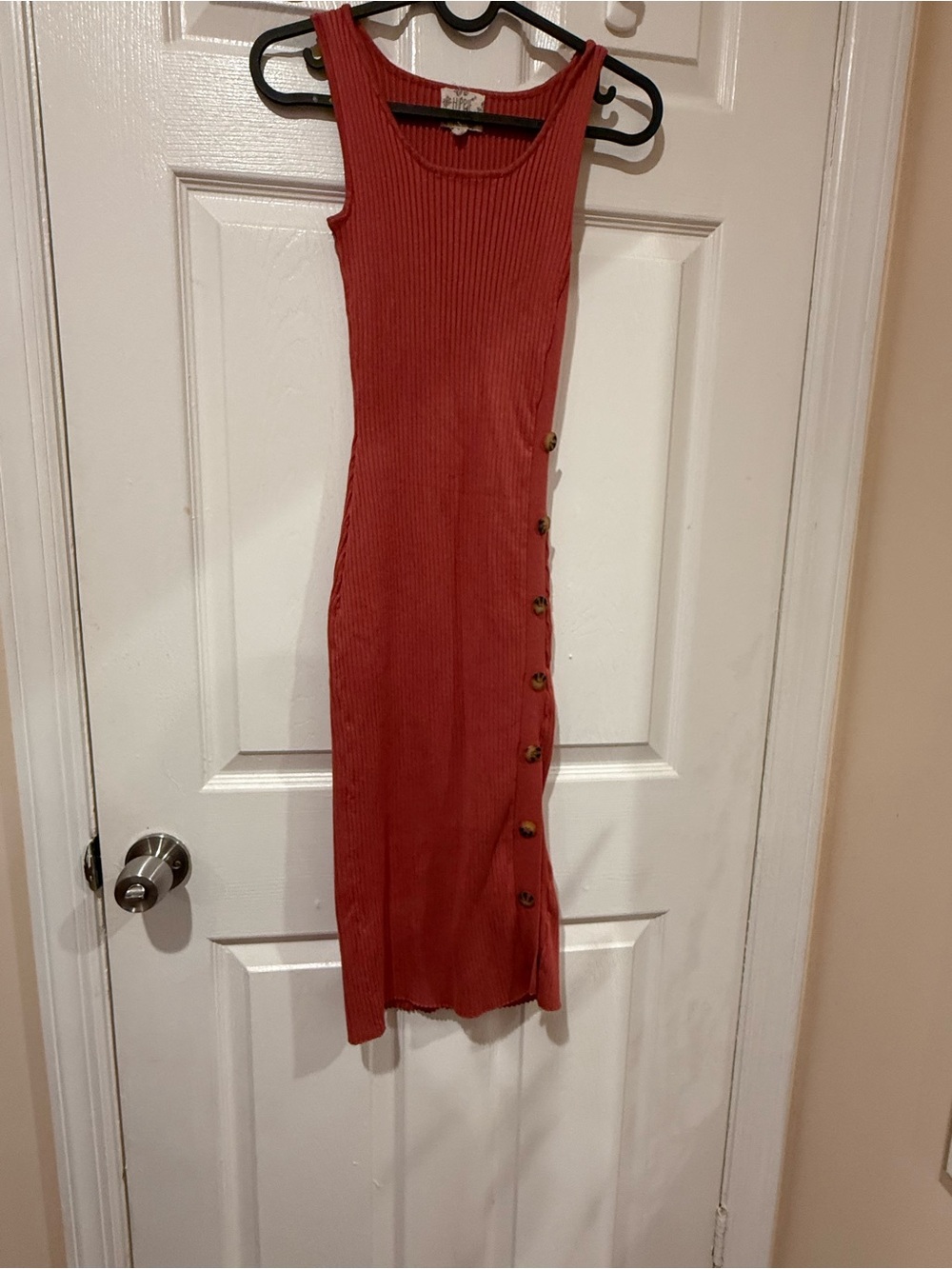Hippie Rose Rust-Red Ribbed Button-Side Midi Dress
